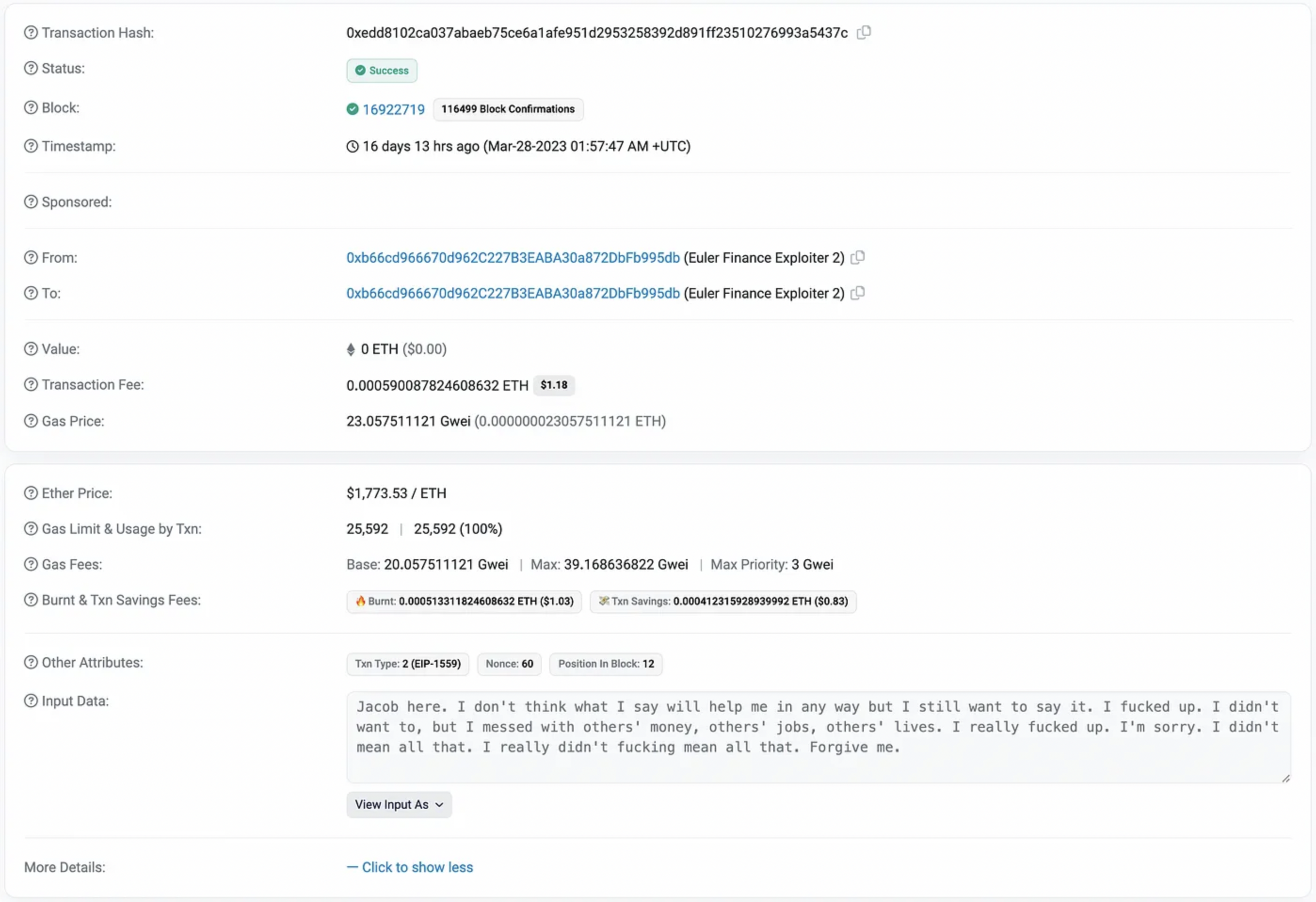 The Euler Finance exploiter sent an on-chain message to the project apologising for the theft when they returned the funds (Source: Etherscan)