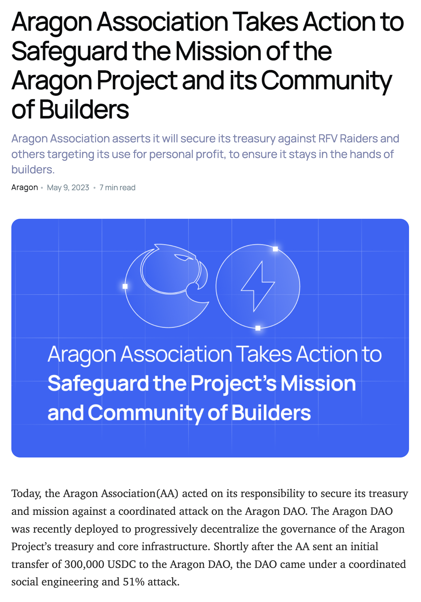 The Aragon Association sparked controversy in May when it repurposed the Aragon DAO to preserve funds held in its treasury (Source: Aragon)