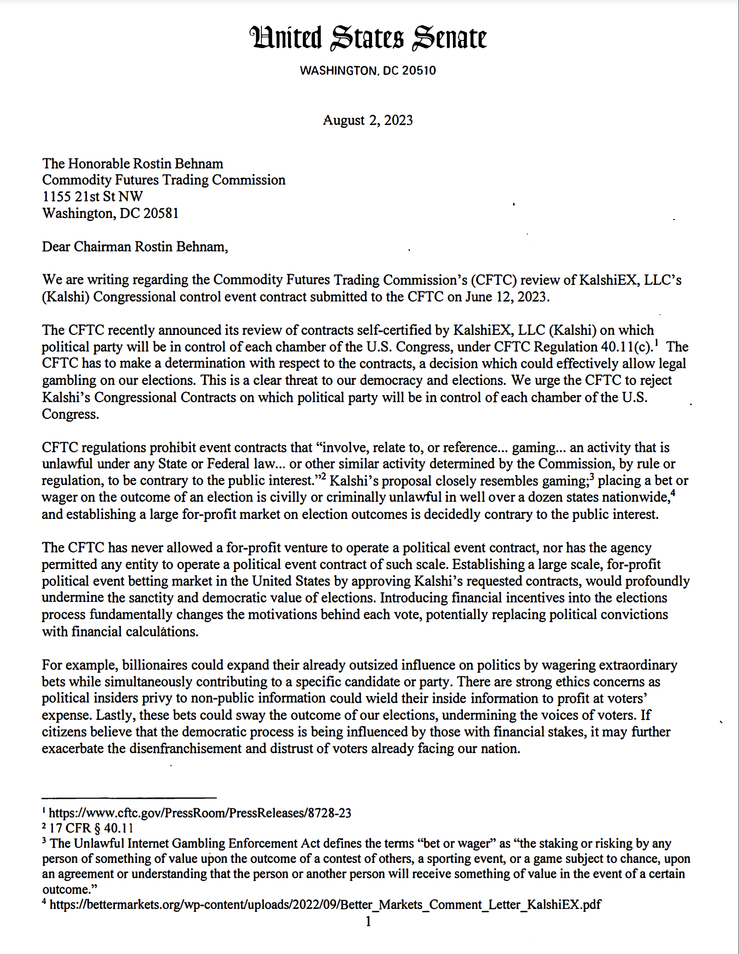 Six members of the US Senate wrote to the CFTC in August 2023 to urge the regulator to shut down Kaleshi’s Congressional prediction markets. As prediction markets grow, we could see similar complaints in the future (Source: United States Senate)