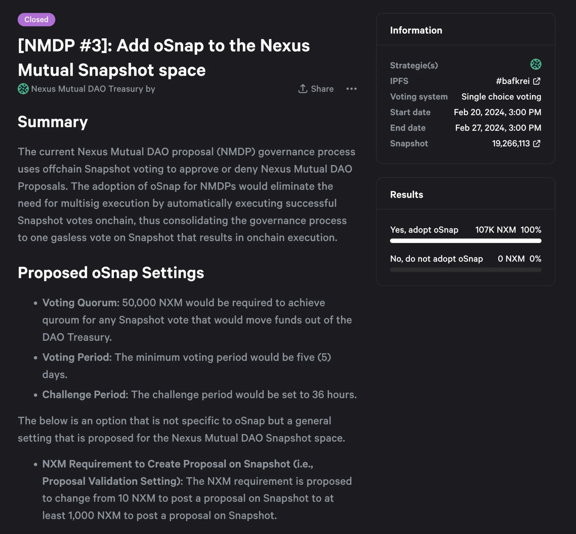 A Nexus Mutual DAO proposal to integrate oSnap passed with 100% voting in favor (Source: Snapshot)