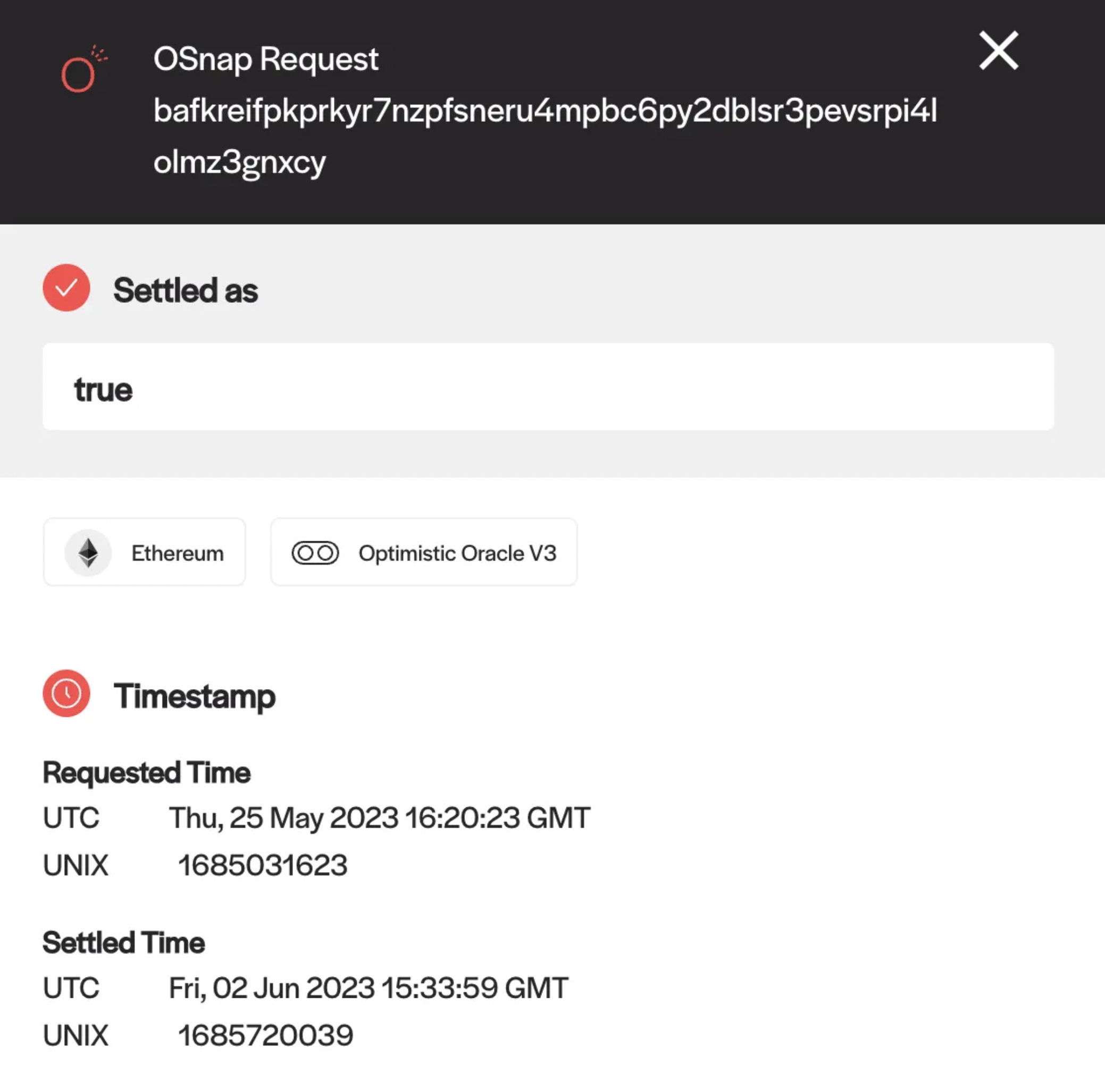 The proposed transfer of 2.3 million $ACX appears in UMA’s oracle dApp. It shows that the transaction was requested on May 25 and settled on June 2 after the liveness period closed (Source: UMA)