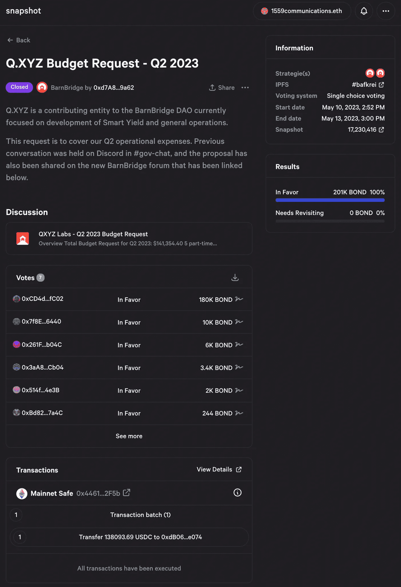 Q.XYZ submitted a Snapshot proposal to request $141,354.40 from the BarnBridge DAO on May 10. A transfer of 138,093.69 $USDC was executed with oSnap on May 18 (Source: Snapshot)