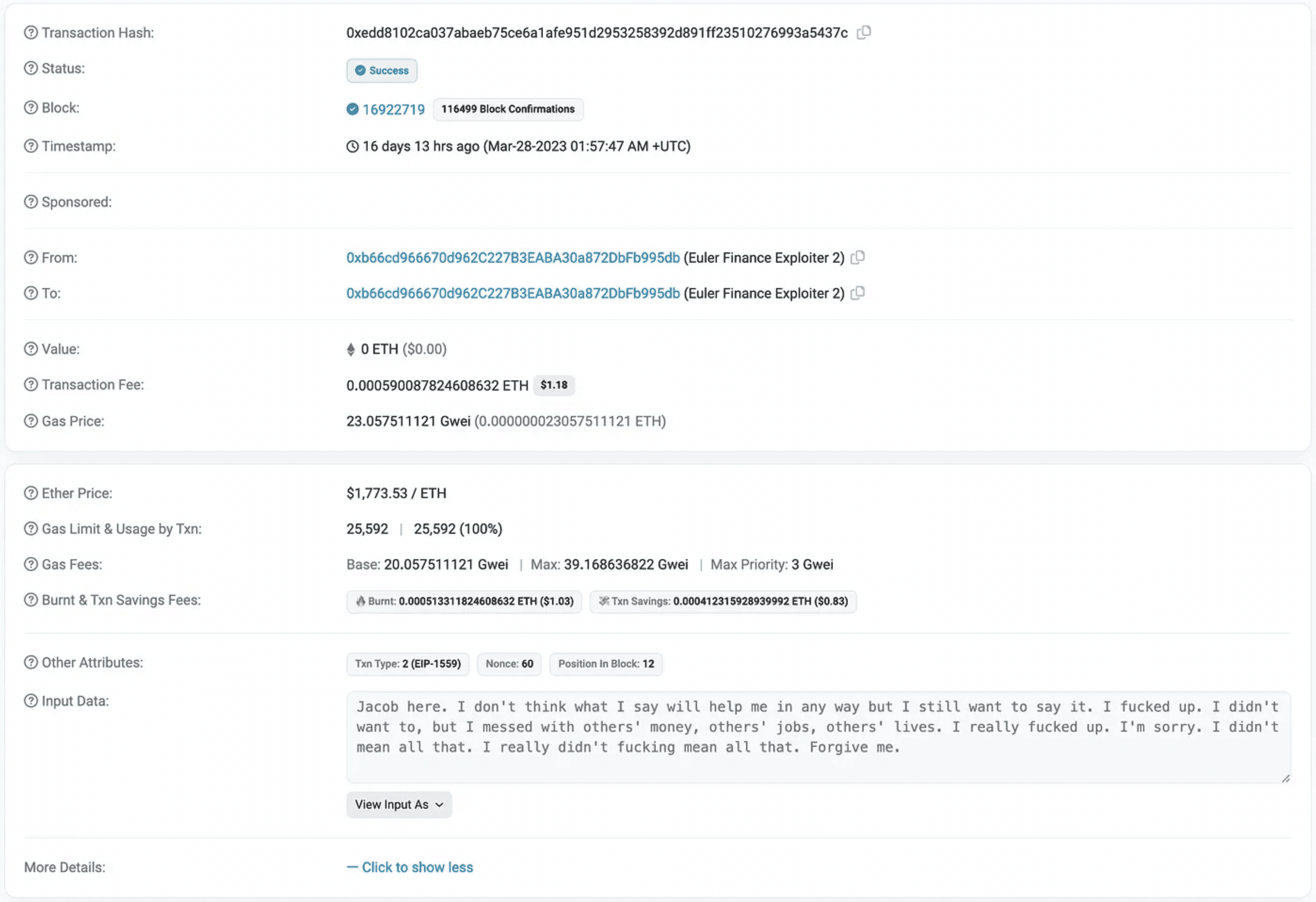 The Euler Finance exploiter sent an on-chain message to the project apologising for the theft when they returned the funds (Source: Etherscan)