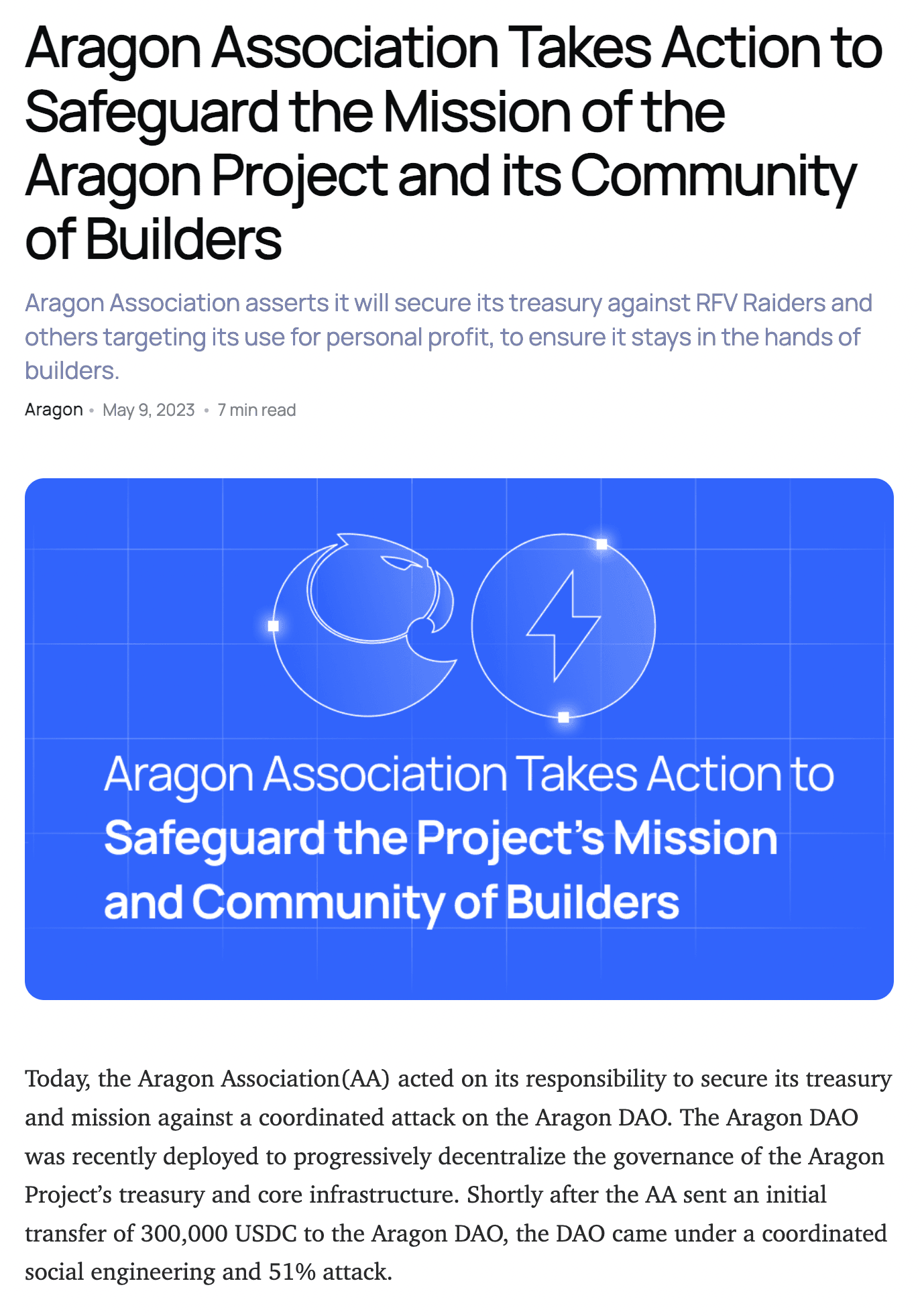 The Aragon Association sparked controversy in May when it repurposed the Aragon DAO to preserve funds held in its treasury (Source: Aragon)