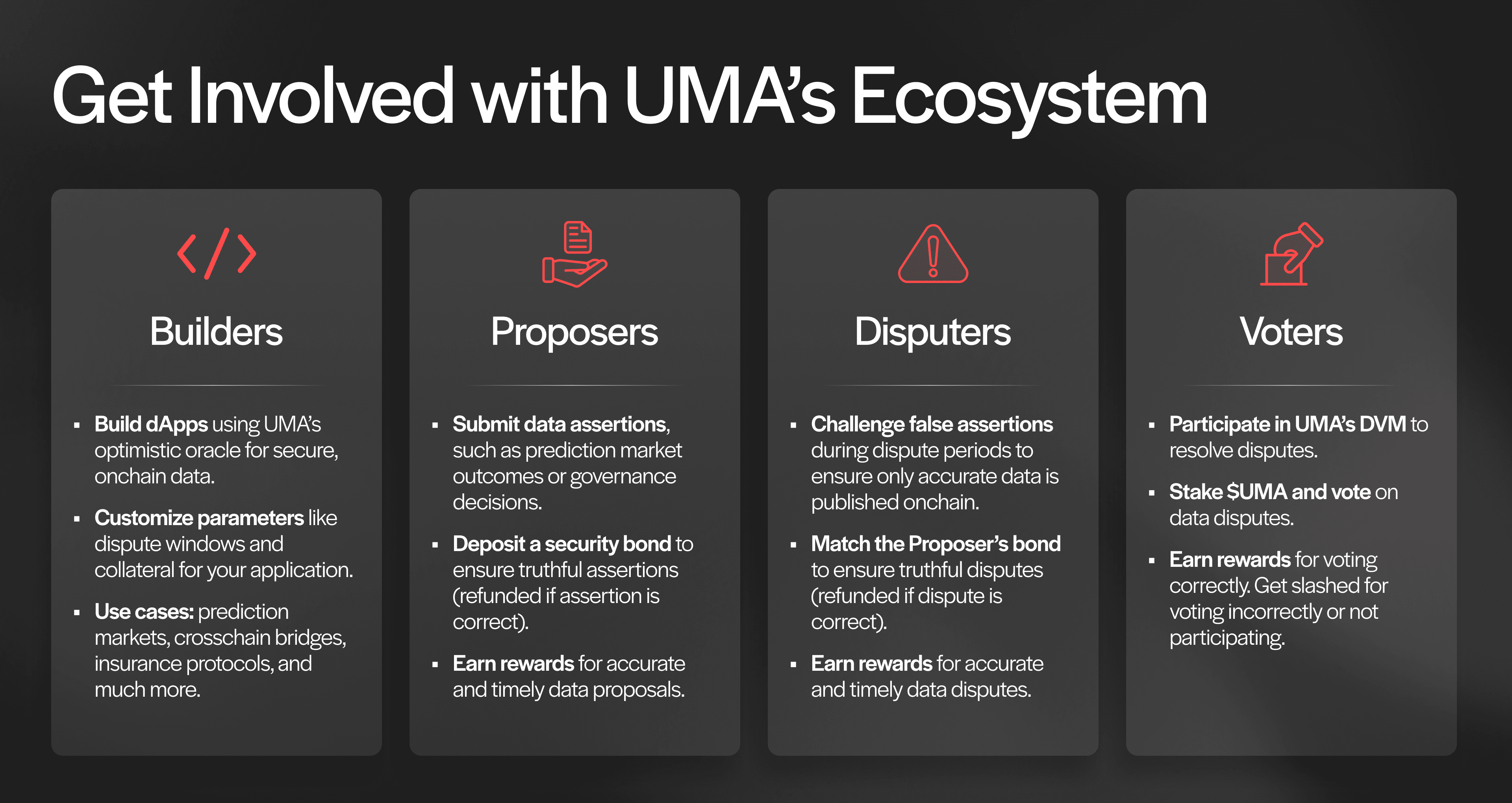 There are four main ways to get involved inUMA’s Ecosystem: as a builder, proposer, disputer, or voter.