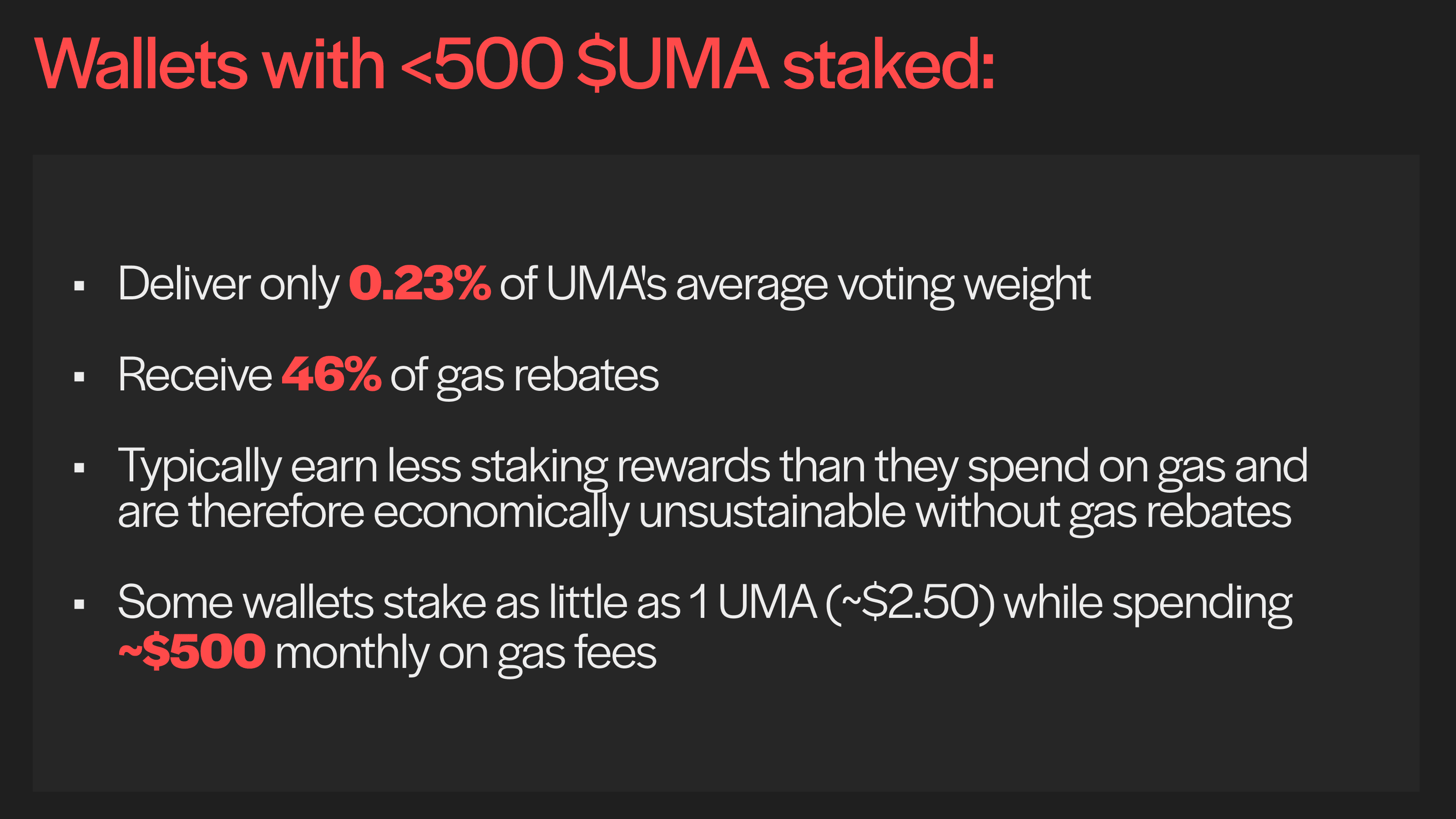 Wallets with <500 $UMA staked are economically unsustainable without gas rebates