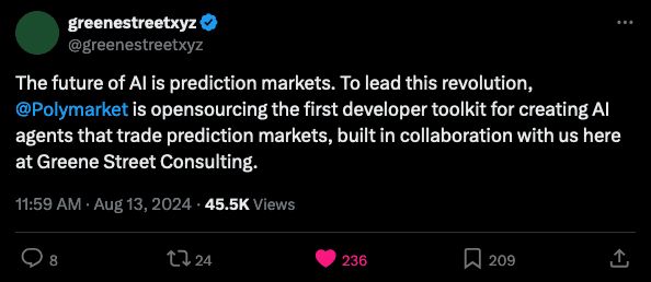 Polymarket has outsourced the development of an open-source toolkit for creating AI agents to greenestreetxyz.