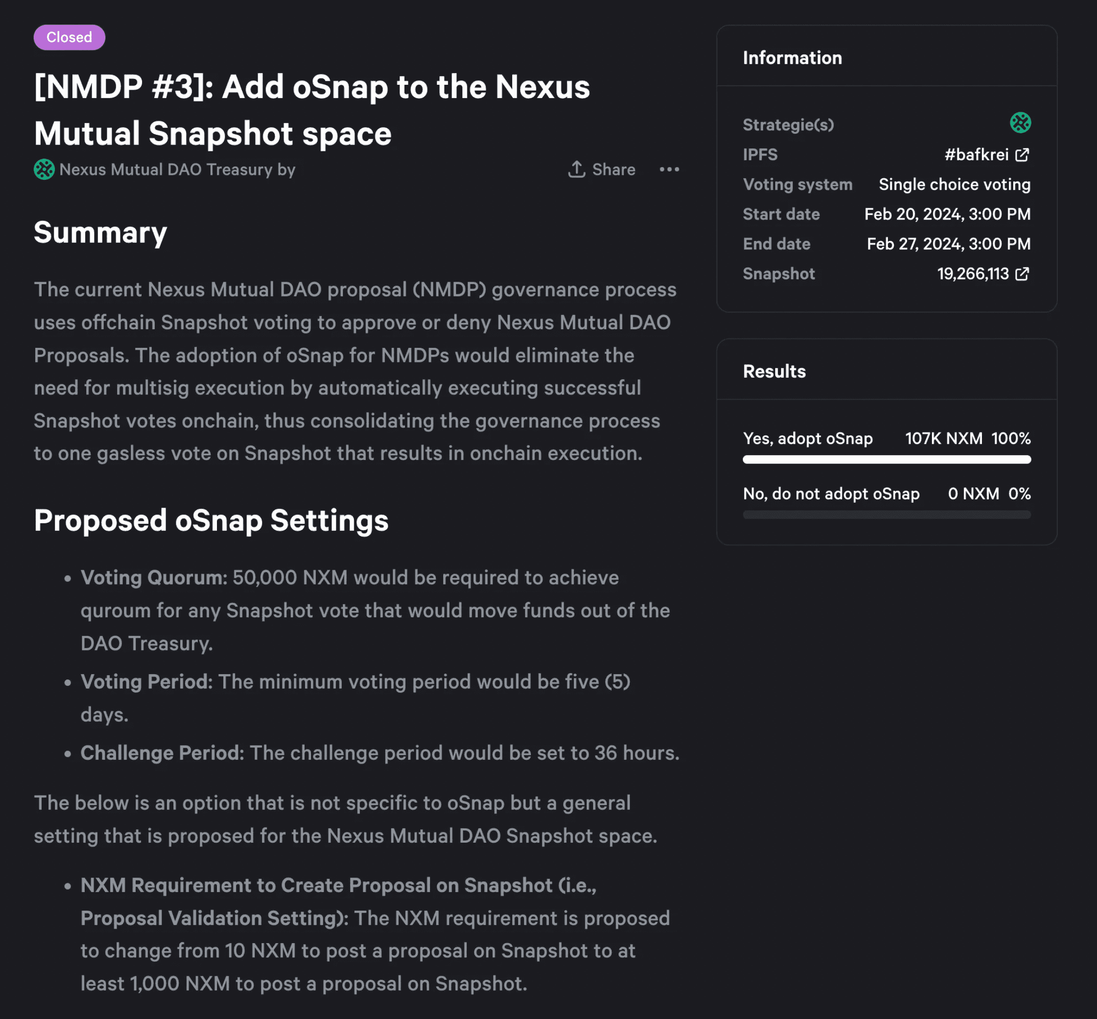 A Nexus Mutual DAO proposal to integrate oSnap passed with 100% voting in favor (Source: Snapshot)